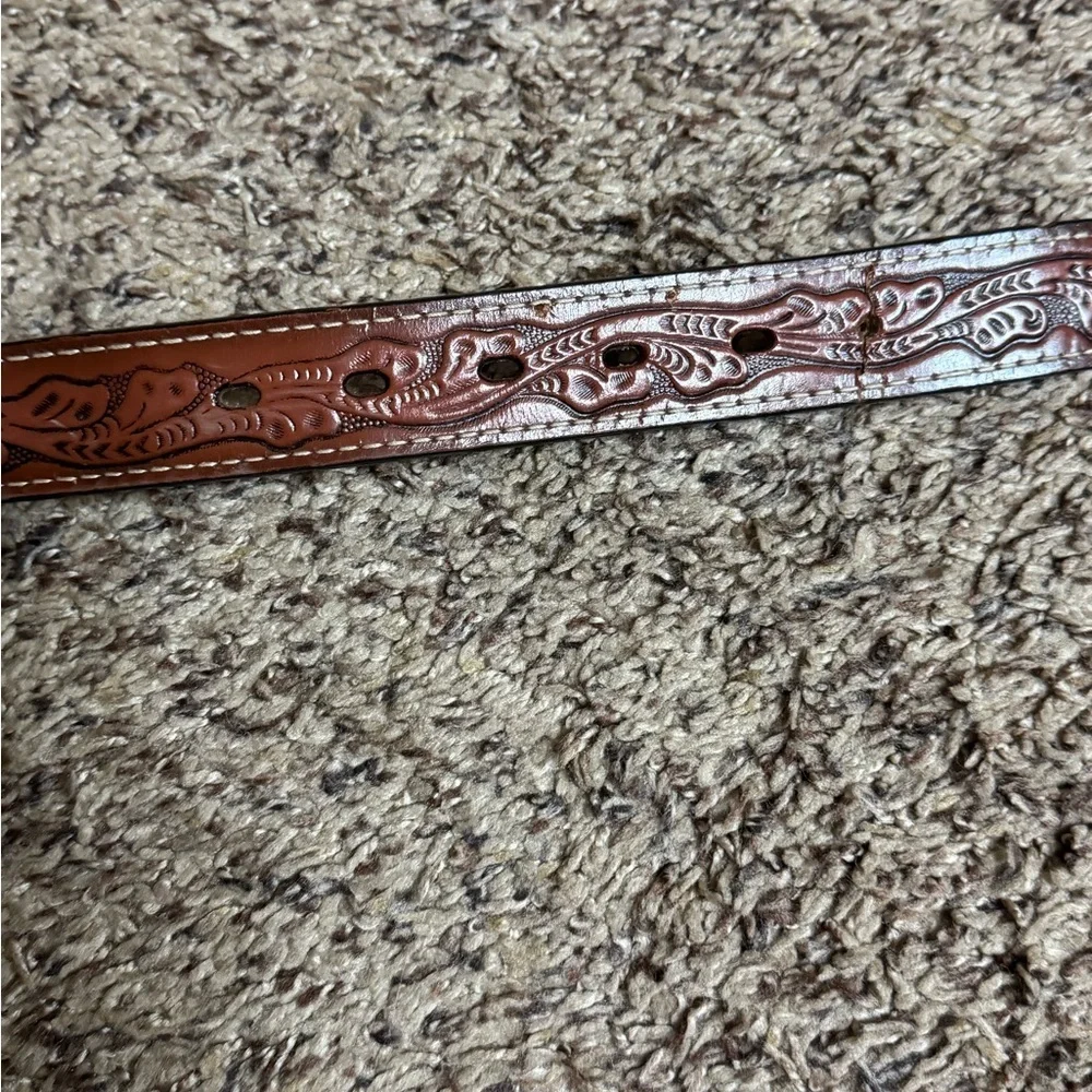 Nocona brown tooled leather belt with bullrider belt buckle Size 18